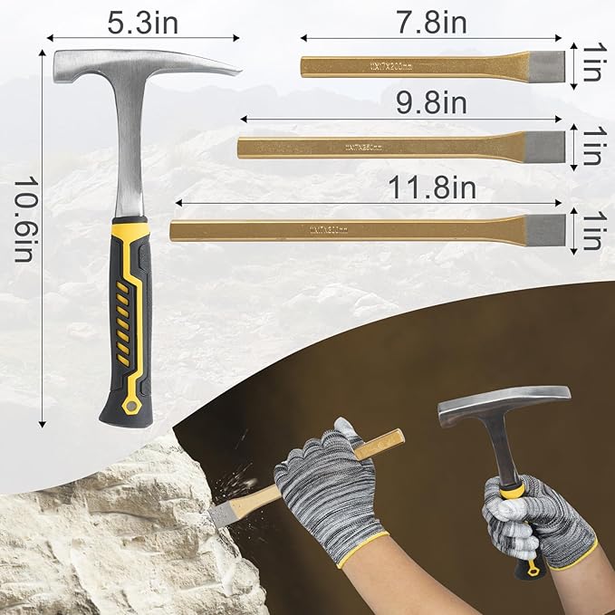 28PCS Geology Rock Pick Hammer Kit, Gold Mining & Prospecting Equipment Tool, including 32oz Hammer, Shovel, Wooden Chisel, Magnifying Glass, Plastic Bags, Whistle, Goggles, Compass