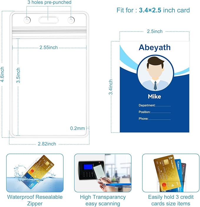 1000 Pack Extra Thick ID Card Name Badge Holder Heavy Duty Waterproof Clear Plastic PVC Vertical Sleeve Pocket Resealable