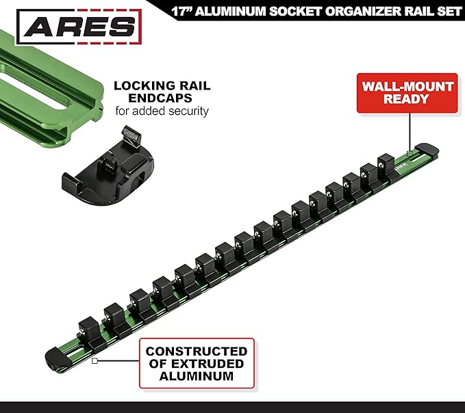 ARES 60126-3-Piece Green 17-Inch Aluminum Socket Rail Set with Locking End Caps - Includes 1/4-Inch, 3/8-Inch, and 1/2-Inch Drive Rails - Each Aluminum Rail Stores up to 16 Sockets