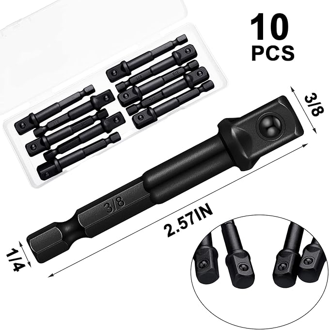 Impact Adapter Square Socket for Drills Extension Driver Bits Hex Impact Socket Adapter for Automotive DIY(3/8 Inch Square Tip,Black)
