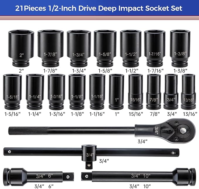 3/4" Drive Deep Impact Socket Set,21Pcs SAE (3/4 to 2 Inch) Sizes with Ratchet Wrench (24 tooth) Andextension Rod,6-Point Socket,Cr-Mo Steel Includes Adapters