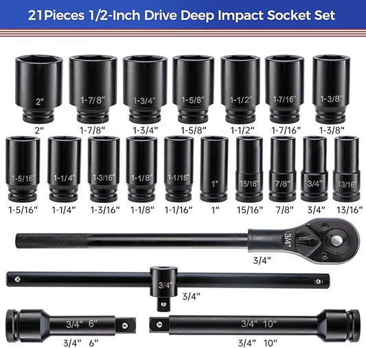 3/4" Drive Deep Impact Socket Set,21Pcs SAE (3/4 to 2 Inch) Sizes with Ratchet Wrench (24 tooth) Andextension Rod,6-Point Socket,Cr-Mo Steel Includes Adapters