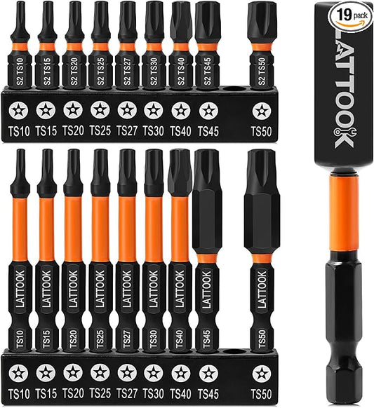 19-Pieces 5 Point Star Torx Bit Set, LATTOOK Security Tamper Proof Torx Driver Bit Set, Magnetic S2 Steel, 2.3'' & 1'' Long, T10, T15, T20, T25, T27, T30, T40, T45, T50