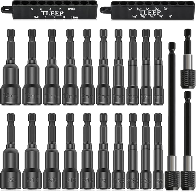 20 x Magnetic Nut Driver Set for Impact Drill + 3 x Power Drill Bit Extensions(50/100/150mm) + Storage Bag, 65MM Metric & SAE 1/4" Impact Driver Drill Bit Set, Cr-V Steel Screwdriver Socket Set