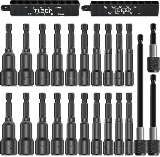 20 x Magnetic Nut Driver Set for Impact Drill + 3 x Power Drill Bit Extensions(50/100/150mm) + Storage Bag, 65MM Metric & SAE 1/4" Impact Driver Drill Bit Set, Cr-V Steel Screwdriver Socket Set