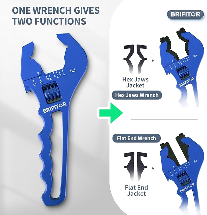 BRIFITOR Non Marring AN Fittings Wrench Adjustable Aluminum AN Wrench For 3AN-16AN Hose End Fittings With Replaceable Hex Type & Flat Type Jaw Protectors, Blue.