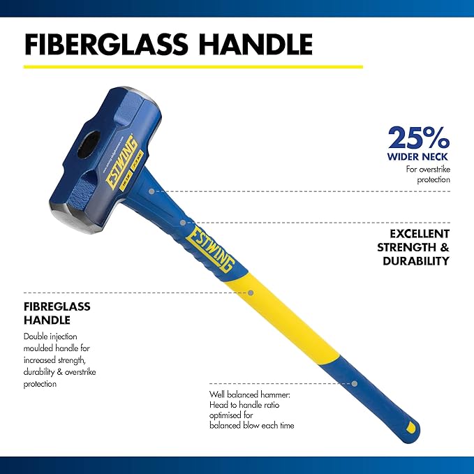 Estwing 16-Pound Hard Face Sledge Hammer for Demolition/Stake Driving, 50-55 HRC, 36-Inch Fiberglass Handle, Overstrike Protection, Textured Grip
