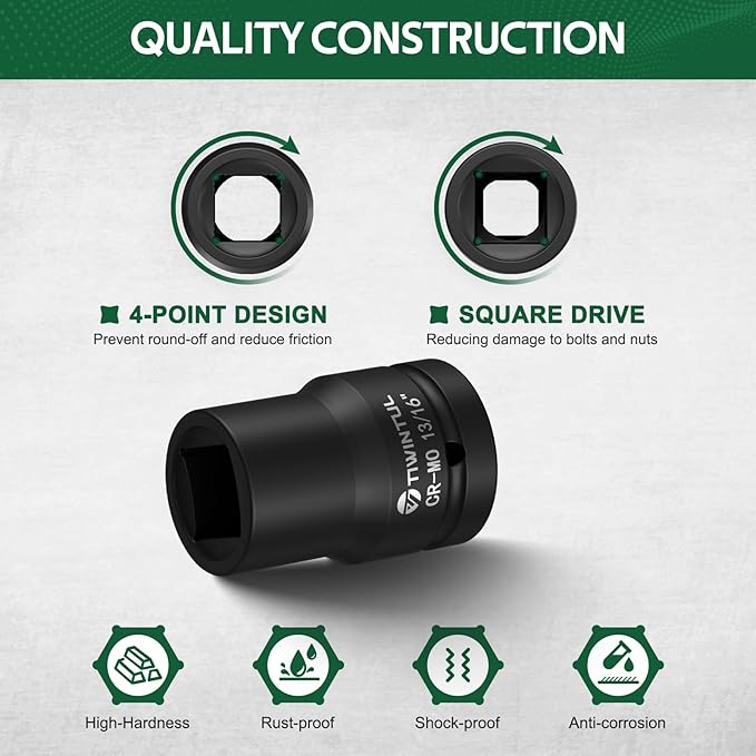 3/4" Drive Shallow Impact Socket Set, 16PCS 6-Point SAE (3/4??to 1-13/16??, 13/16??Square Socket, Heavy Duty Impact Socket Set with 1/2"F to 3/4"M Adapter for Auto, Truck, Large Equipment