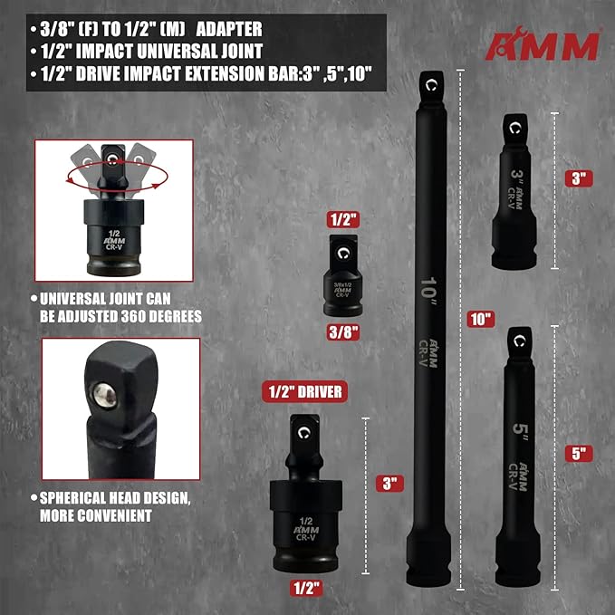 AMM 1/2-inch 66 Pieces Impact Socket Master Set, SAE & Metric from 5/16"-1-1/4",8-24mm, Shallow/Deep Socket Set with Ratched Hand, Extension Bar and Adapters竊똂r-V steel