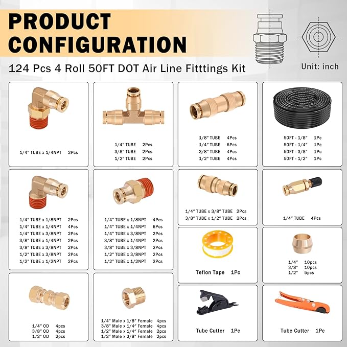 CheeMuii 124 PCS Brass DOT Air Line Fittings with 4 Roll 50FT 1/8" 1/4" 3/8" 1/2" DOT Air Lines Kit Push Lock Air Fitting Quick Connect Air Fittings with Air Hose Pneumatic Tubing