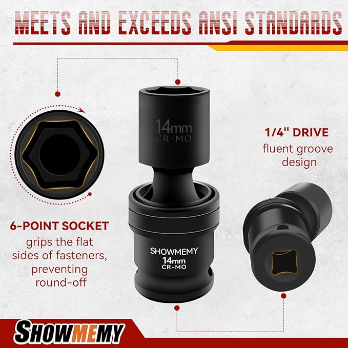 Drive Impact Universal Joint Socket Set, 6 Points, Shallow Swivel Socket Set, Cr-Mo Steel. Heavy Duty Storage Case (Metric 1/4", Metric 1/4")