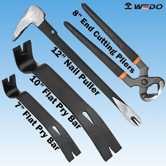 WEDO Pry Bar Set 4PCS, 12" Claw Pry Bar High Carbon Steel, 8" End Cutting Piers CRV, 7"+10" Flat Pry Bar CRV Crowbar, Nail Puller Set,Cutting Pliers For Home Remolding,Woodworking