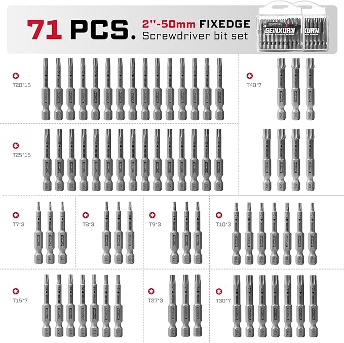 71Pieces Fixedge Screwdriver Bit Set, 2 inches Torx Magnetic Alloy Steel Insert Power Bits Tips(T7-T40) with Impact Bit Holder and Portable Storage Cases for Home Repair