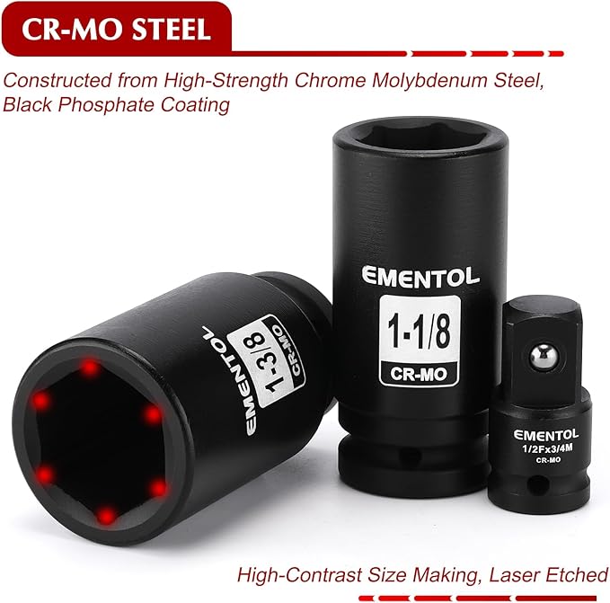 EMENTOL 3/4" Drive Deep Impact Socket Set,13 Pieces Jumbo Sockets, SAE (3/4" to 1-9/16") with 1/2"F to 3/4"M Adapter, 6-Point, CR-MO Steel