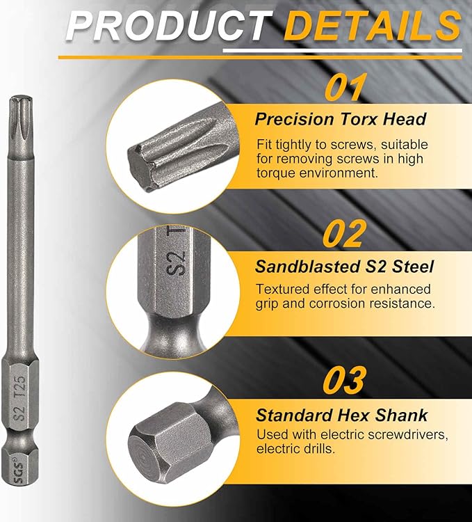 HARFINGTON 2pcs T25 Torx Head Screwdriver Bit 1/4" Hex Shank 3" (75mm) Long Magnetic No Hole Tip Tamper Proof 6 Point Star Screw Driver Drill Bits S2 Steel Industrial Power Screwdrivers