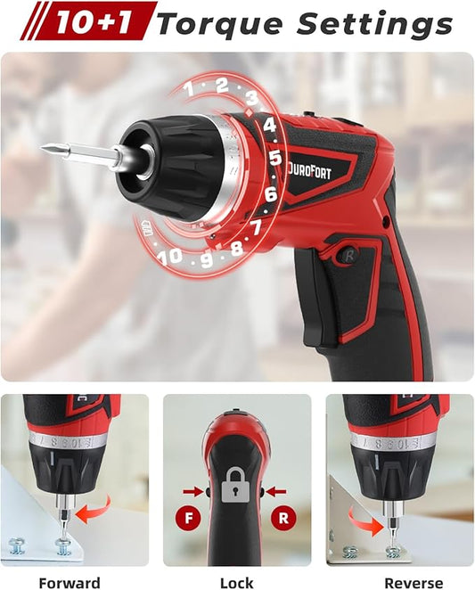 Cordless Electric Screwdriver Set, 8V 10Nm Rechargeable Power Electric Drill, Battery Screw Gun with Driver Bit, 320RPM/10+1 Torque, 2 Position Handle, Flexible Shaft LED Light (Red, 89Pcs)