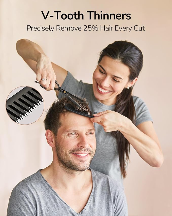 ULG Professional Hair Cutting Scissors Set ??6.5??Japanese Stainless Steel Barber Shears & Thinning Scissors with Comb, Clips & Case ??at-Home Salon Haircut Kit for Men, Women, Kids, Black