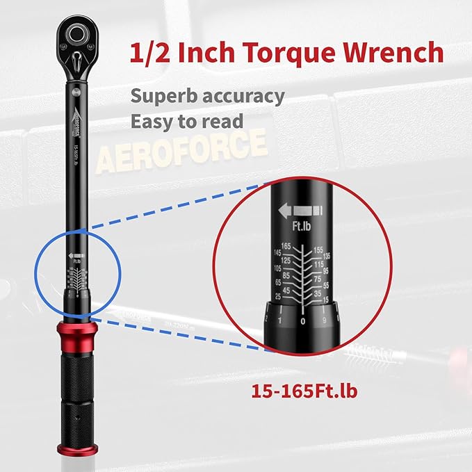 AEROFORCE 1/2-Inch Drive Torque Wrench竊?5-165 lb.ft / 20.4-224.4 Nm),72 Tooth Dual Direction Reversible Ratchet, Dual Range Scales, Precision Calibrated for Bike, Motorcycle and Car Repair