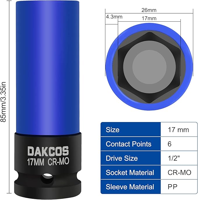 17mm Impact Lug Nut Socket, 1/2 inch Drive, With Protective Sleeves,CR-MO