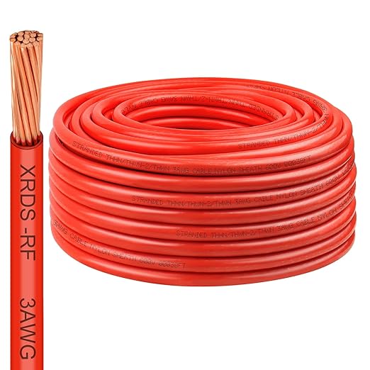 XRDS -RF 3 Gauge THHN Wire, 100FT Red Stranded Copper Electrical Wire, 600V, Heat & Oil Resistant, Nylon Sheath Building Wire for Indoor/Outdoor Use