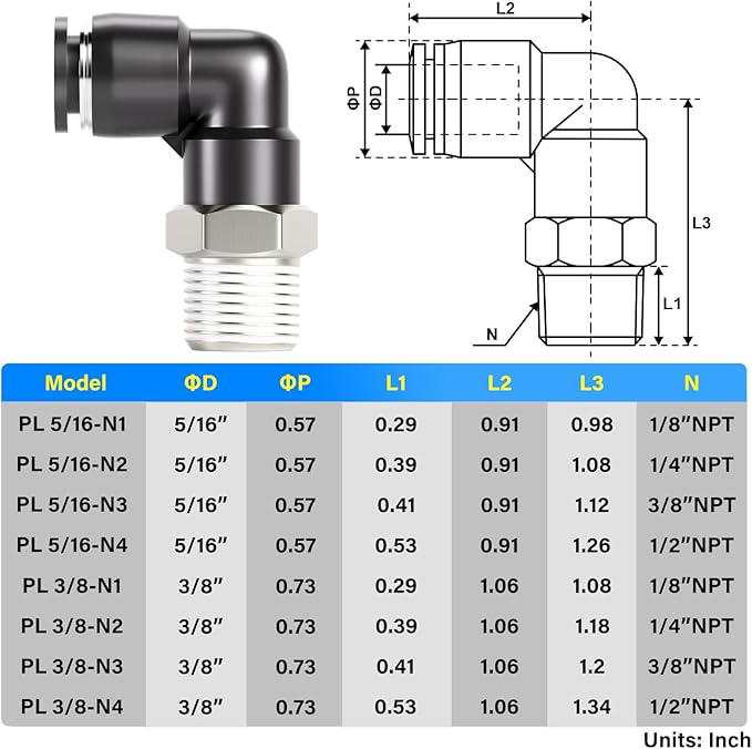 TAILONZ PNEUMATIC Male Elbow 5/16 Inch Tube OD x 1/8 Inch NPT Thread 90 Push to Connect Fittings PL-5/16-N1 (Pack of 2)