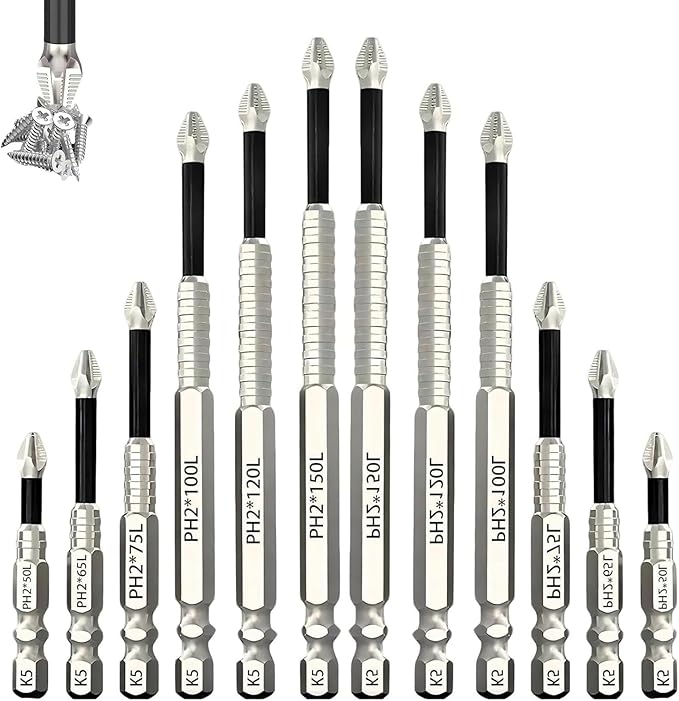 12Pcs High Magnetic Screwdriver Drill Bit Set, 2025 New K5 Impact Resistant Anti-Slip Magnetic Electric Screwdriver Set for Home DIY Professional Use-50, 65, 75, 100, 120 and 150mm