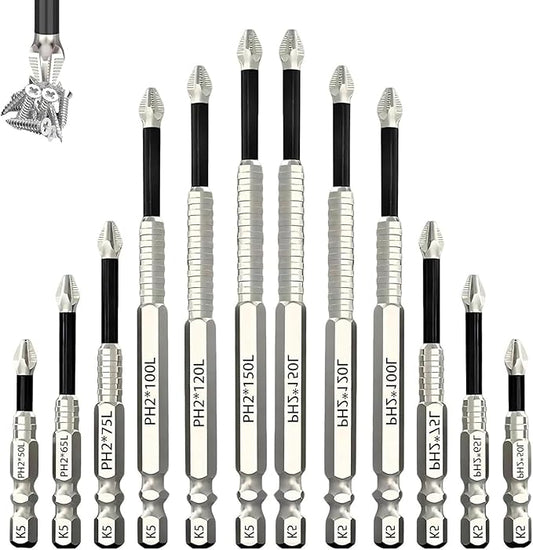 12Pcs High Magnetic Screwdriver Drill Bit Set, 2025 New K5 Impact Resistant Anti-Slip Magnetic Electric Screwdriver Set for Home DIY Professional Use-50, 65, 75, 100, 120 and 150mm