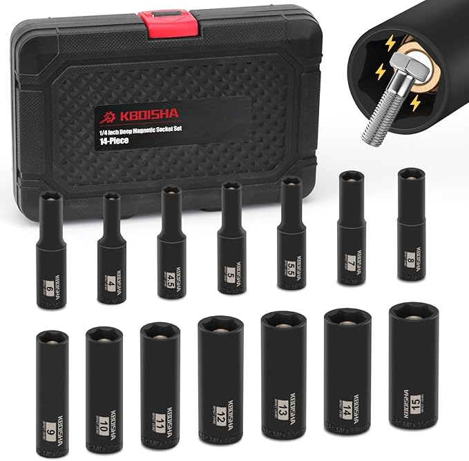 KBOISHA 1/4 Inch Deep Magnetic Socket Set,14-Piece Metric 4mm-15mm CR-MO Impact Deep Socket with Heavy Duty Storage Case