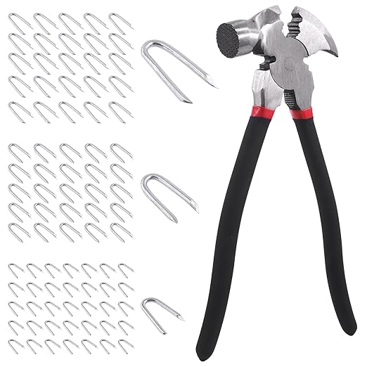 Swpeet 151Pcs 10 Inch Fencing Plier with Hammer Head and 3 Sizes 3/4" 5/6" 3/2" Steel Wire Staples Set, Nail Puller Pliers, Staple Puller for Installing, Maintaining and Repairing Wire Fences