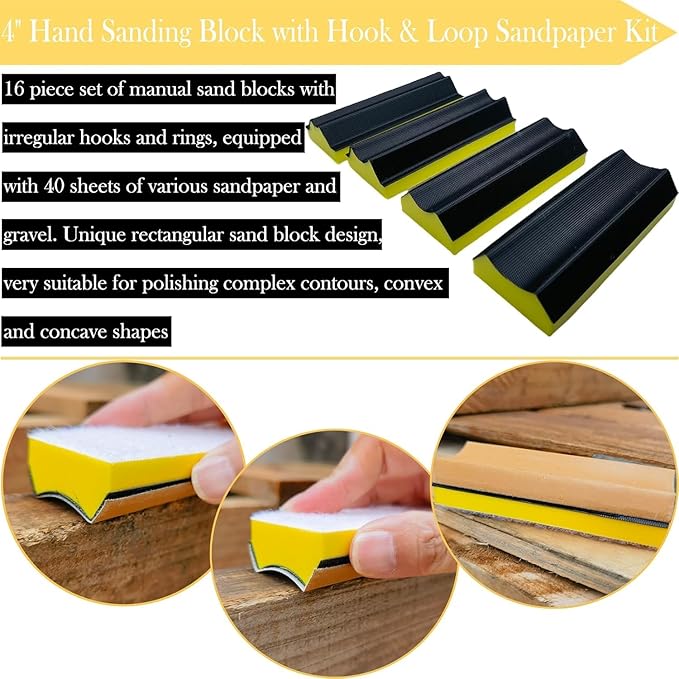 16 PCS Contoured Profile Sanding Block Set - Hook and Loop Foam Material Hand Sander Block- Interchangeable Assorted Convex & Concave Shapes for Sander Wood Woodworking Furniture, Auto Paint