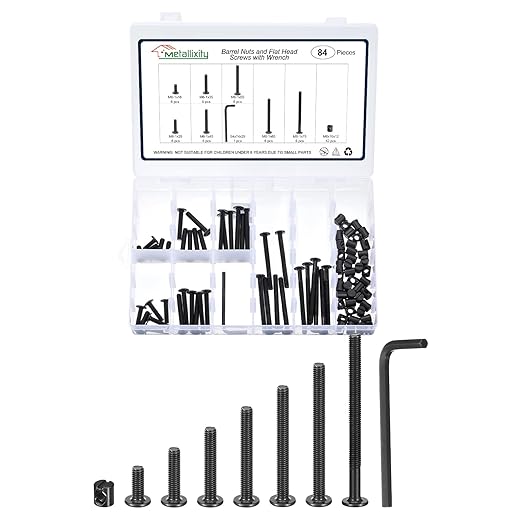 METALLIXITY Furniture Crib Screws Replacement Set with Wrench(M6-1x16/25/35/45/55/65/75mm) 84Pcs, Connector Bolt M6 Screw Barrel Nuts Binding Screws, for Chair Cabinet Bed, Black