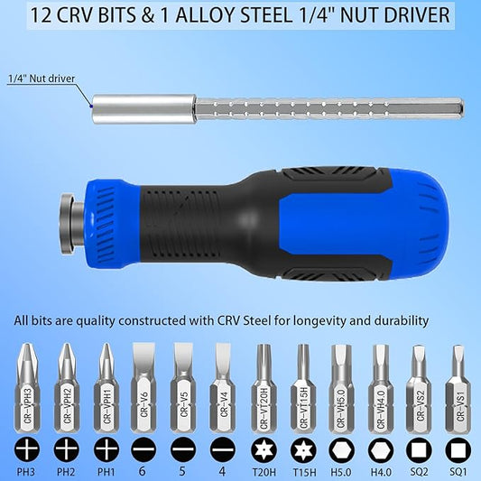 Multi-bit Screwdriver, 13-in-1 Screw Driver Adjustable Mini Screwdriver Set Multitool All in One with Torx Security, Phillips, Hex, Flat Head, Square and 1/4 Nut Driver (Blue)