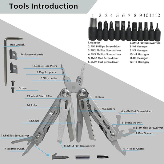 Multitool with Pocket Knife, 25-in-1 Stainless Steel Pliers and Screwdriver, Self-locking Multi-tool EDC Gear with Sheath and Replaceable Cutter Blades, Suitable for Camping and Hiking