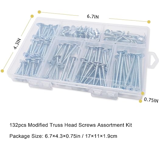 #8 Modified Truss Head Wood Screws Assortment Kit, 132 pcs, Phillips Drive, Wood Screws, Screws Assortment, Screws, Screws Set, 6 Sizes (1/2?? 3/4?? 1?? 1-1/4?? 1-1/2?? 2??