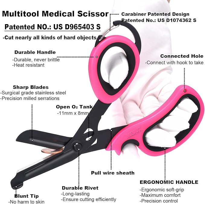 MEUUT 2 Pack Medical Scissors Trauma Shears with Carabiner design, 7.5" Fluoride Coated Non-stick Blades Bandage Scissor for Nurses, EMT, Household, outdoors