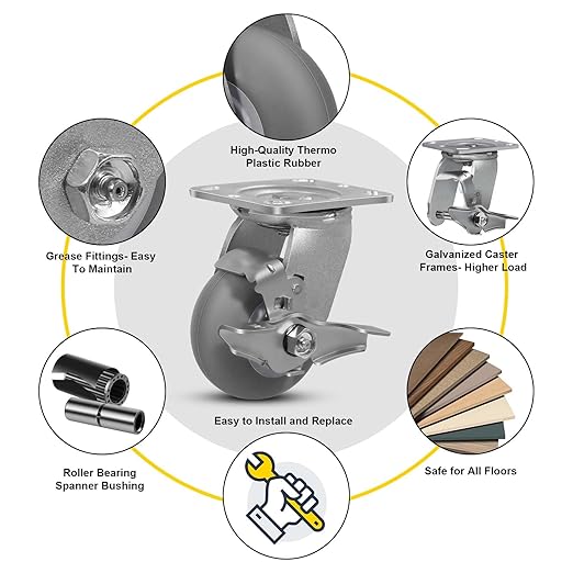 4"x 2" Heavy Duty Caster, Thermoplastic Rubber Wheels(Crown Tread)- 350 Lbs Per Casters, Plate Caster for Furniture Platform Trucks Workbench(2 Pack Brake)
