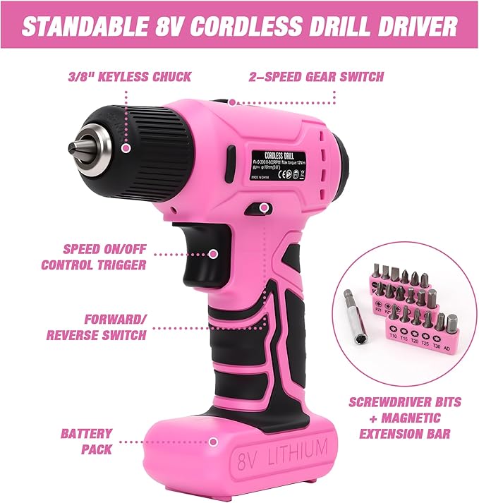 Pink Tool Set with 8V Cordless Drill, 158-Piece Home Repair Kit, General Household Hand Tools with Screwdriver, Pliers, Hammer, Wrench, knife, for women and men