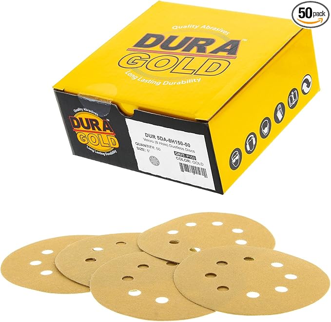 Dura-Gold Premium 150 Grit 5" Sandpaper Discs, 8 Hole Pattern Dustless, 50 Discs - Hook & Loop Backing for Orbital DA Sander, Detailing Finishing Color Sanding Automotive Paint Woodworking