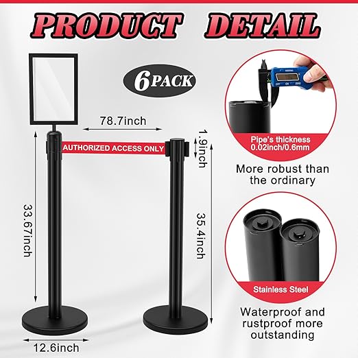 Therwen 6 Pack Heavy Duty Crowd Control Stanchions 9.8 ft Stainless Steel Stanchion Set with 6 Safety Barrier Post Retractable Belt and 1 Sign Holder Crowd Control Barrier(Authorized Belt,Black)