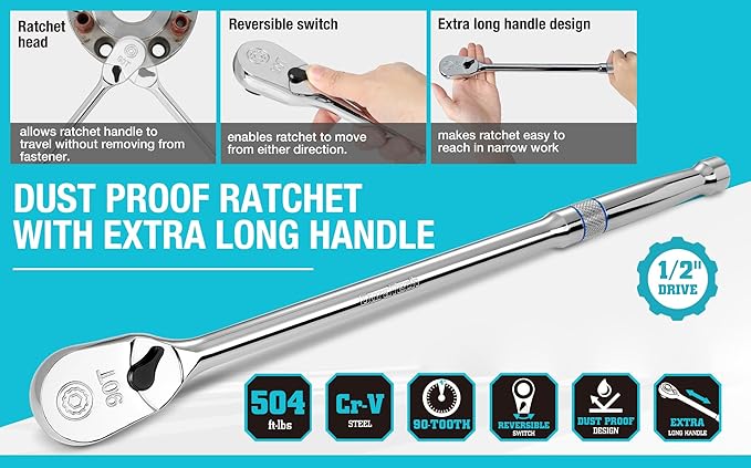 DURATECH Extra Long Handle 1/2-Inch Drive Ratchet, 90-Tooth Ratchet Wrench with 15" Handle and Dust Proof Teardrop Enclosed Head, Reversible, CR-V Steel Made, CR-MO Head, Full Polished, Gifts for Men