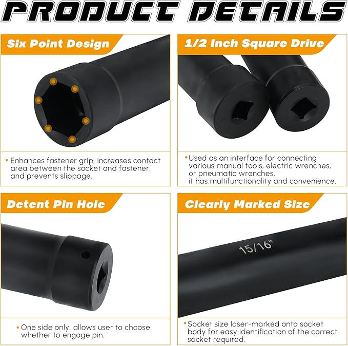 1/2 Inch Drive Extended Length Impact Socket Set, 6 Sizes Extra Deep Socket Set - Hex 3/4", 7/8", 15/16", 1-1/16", 1-1/8", 1-1/4" for High Torque Use (Extended Length)