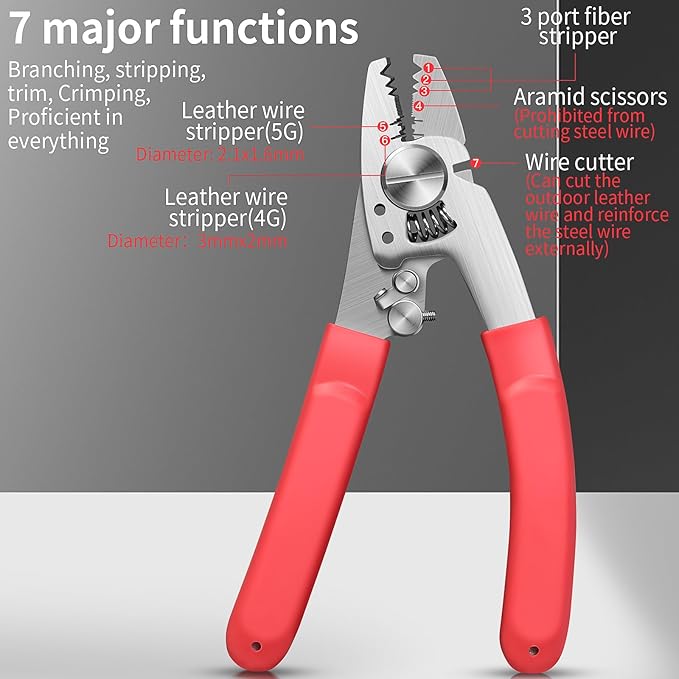 2-piece kit Fiber Optic Stripper & Fiber optic cleaning clip 7-in-1 Functions Fiber Optic Stripping Pliers, 5G/4G Stripping Holes And Fiber Optic Scissors, For Network/Coaxial/Fiber Optic Cables