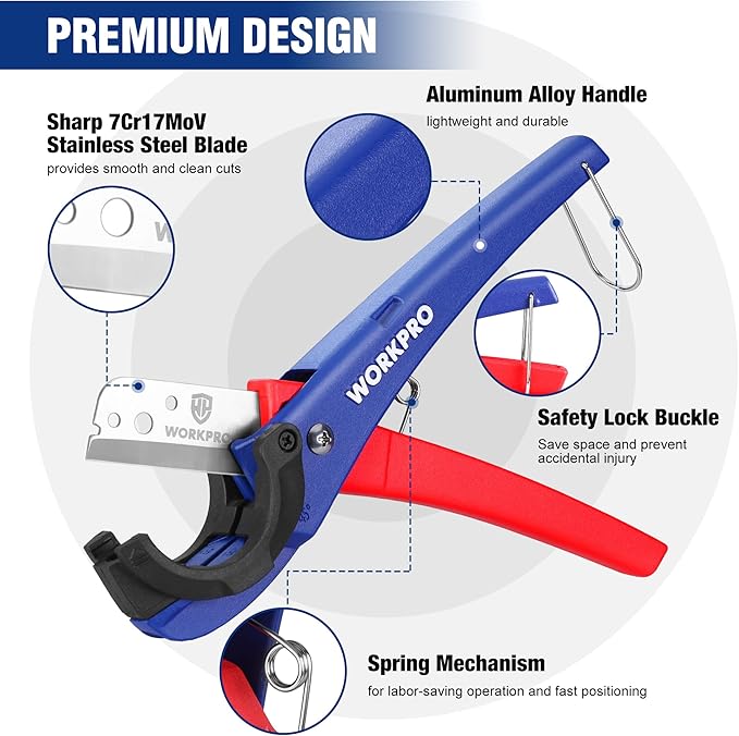 WORKPRO PEX Cutter, Hose Cutter with 1/8"-1-5/8" Cutting Capacity, specific angle(30째, 45째) for cutting rectangular cord cover, Tubing Cutter for PPR, PE, PP, Suitable for Home and Plumbing Repairs