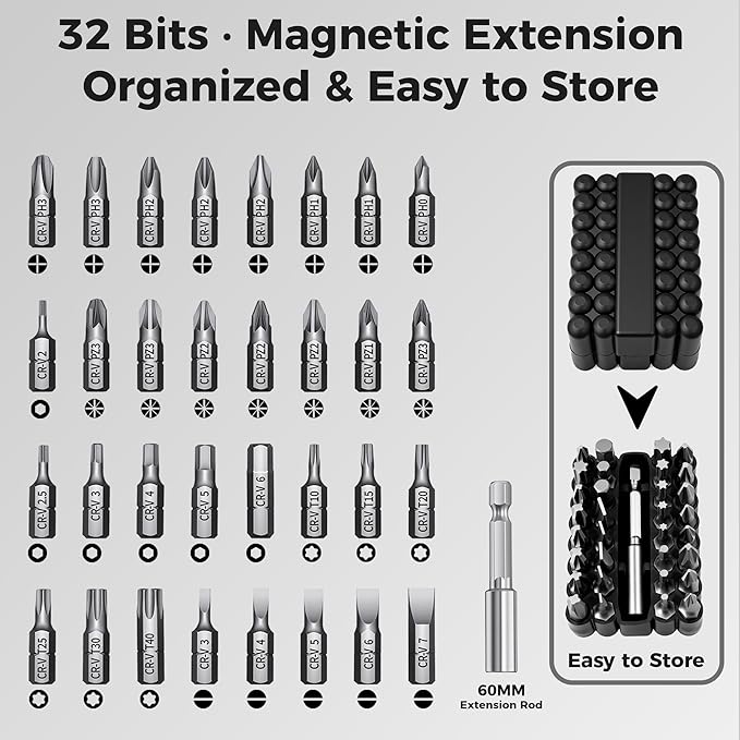 Cordless Electric Screwdriver Set with 32 Bits, Digital Screen, LED Light, 7 Torque Settings, 2500mAh Rechargeable Battery, 1/4'' Hex, Mini Electric Tool Kit for Home, Furniture, Electronic Repair