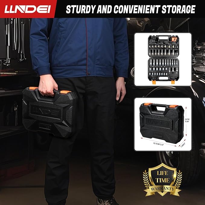 LLNDEI 3/8 inch Drive 12 Point Socket Set 71 Piece,SAE(5/16-3/4in) and Metric(8-22mm),Deep & Shallow,CR-V.With Drill Socket Adapter & Extension Bar 3/8 in,Hex Key Set 12Pt Can Also be Used on 6pt