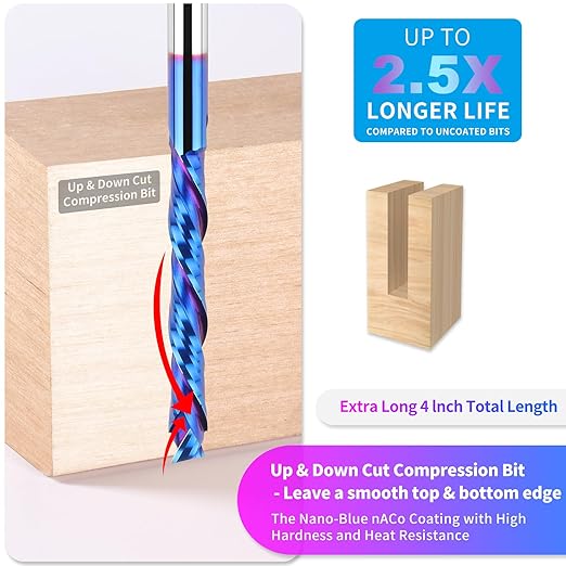 Extra Long Compression Spiral Router Bit with 1/4 Inch Shank 2 Inch Cutting Length 4 Inch OVL, Solid Carbide Up/Down Cut CNC Bit, Ideal for Wood Cutting, Slotting, Engraving, Carving