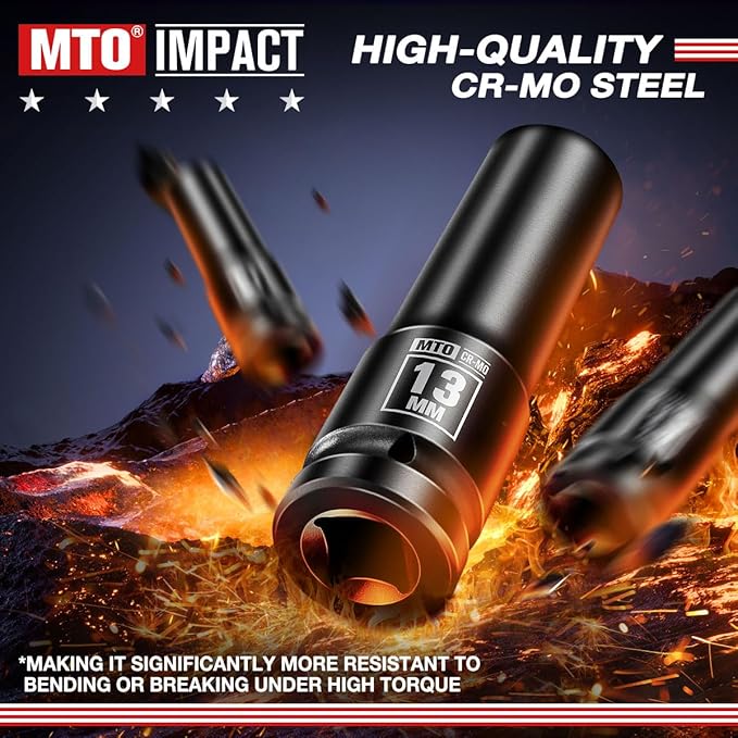 MTO 1/2" Drive 13mm Deep Impact Socket, 6 Pt. Metric Socket, CR-MO Steel & Anti-Corrosion Coating for Heavy-Duty Use