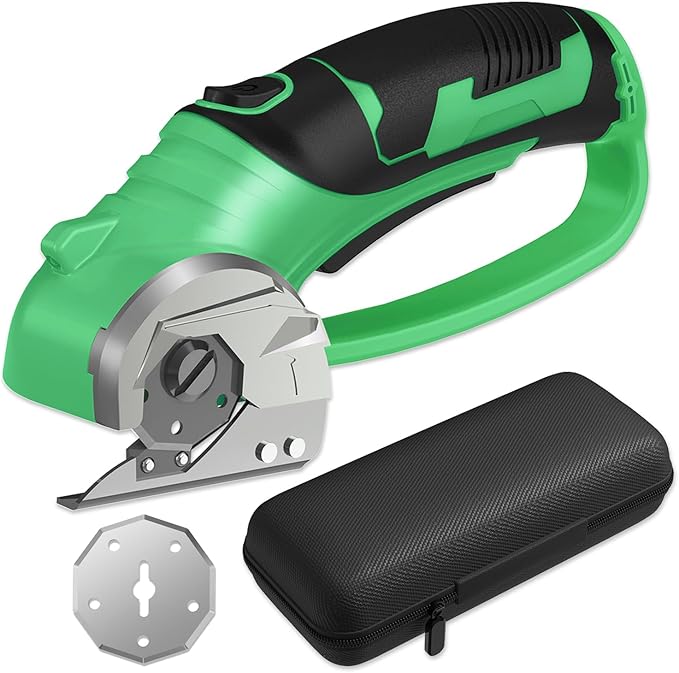 Cordless Electric Scissors, 4V Box Cutter & Cardboard Cutter with 2 Titanium Blades - Rotary Cutter with LED Light for Fabric, Leather, Carpet, Plastic, Crafting + Storage Case (Lime Green)