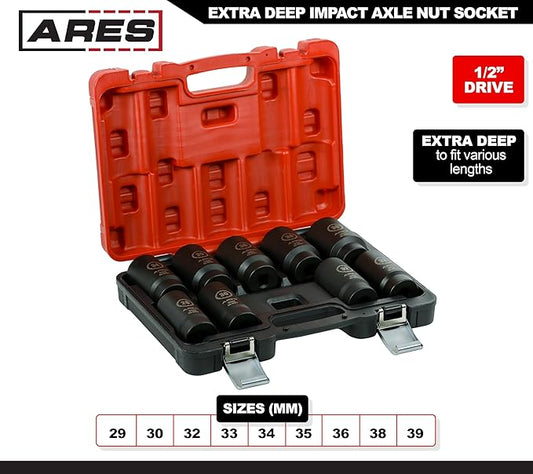 ARES 12066-9-Piece Axle Nut Socket Set - 29-39mm Axle Nut Sockets - 12 Point Sockets - Extra Deep 1/2-Inch Drive Impact Socket for Easy Removal of Axle Shaft Nuts