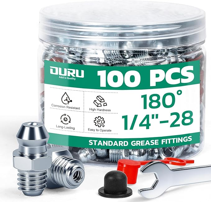 100PCS 1/4"-28 Grease Fittings Kit, SAE Zerk Grease Fittings Straight with Grease Fitting Caps & Wrench Kit(8mm) for Grease Gun
